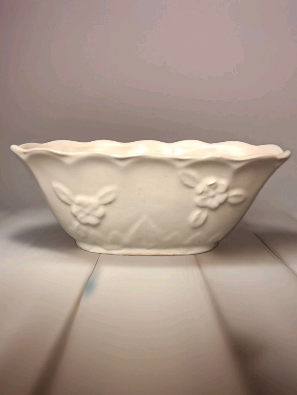 Vintage Shawnee USA Ivory Pottery Oval Planter Embossed Flowers